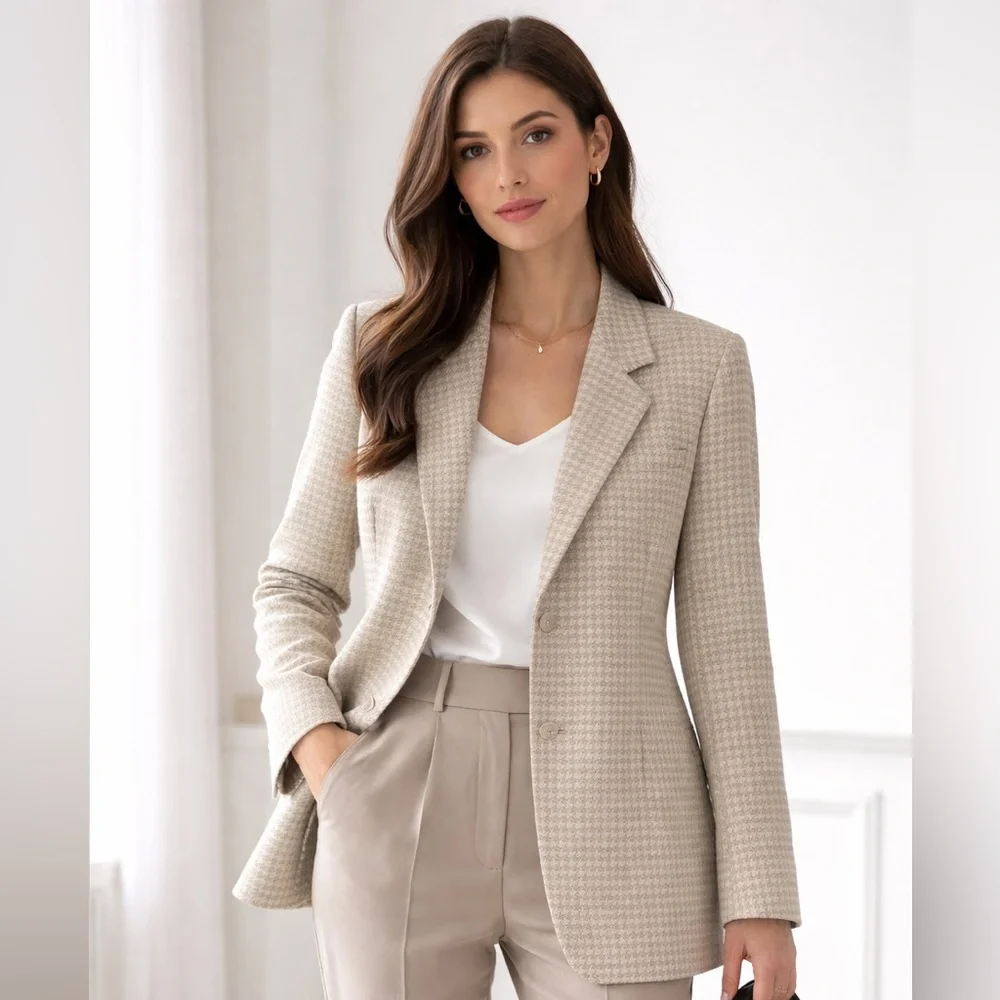 Tailleur Platinum by Barrie Pace Vintage 100% Wool Blazer Houndstooth Cream 16